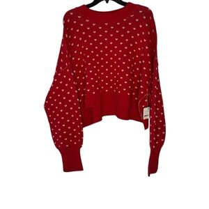 NWT Free People Easy Street Patterned Crop Pullover Sweater Cherry Cream Large